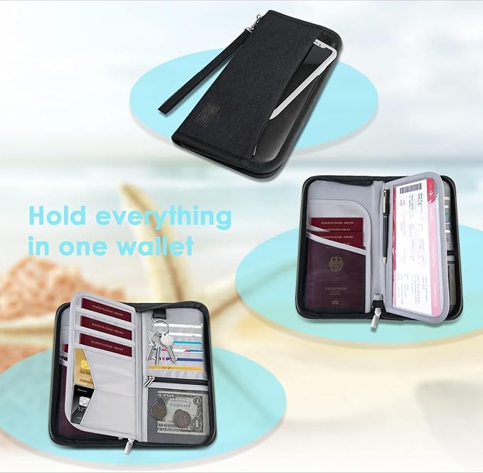 Real Leather Wallet RFID Family Passport Holder Waterproof Travel Essentials (All Black)
