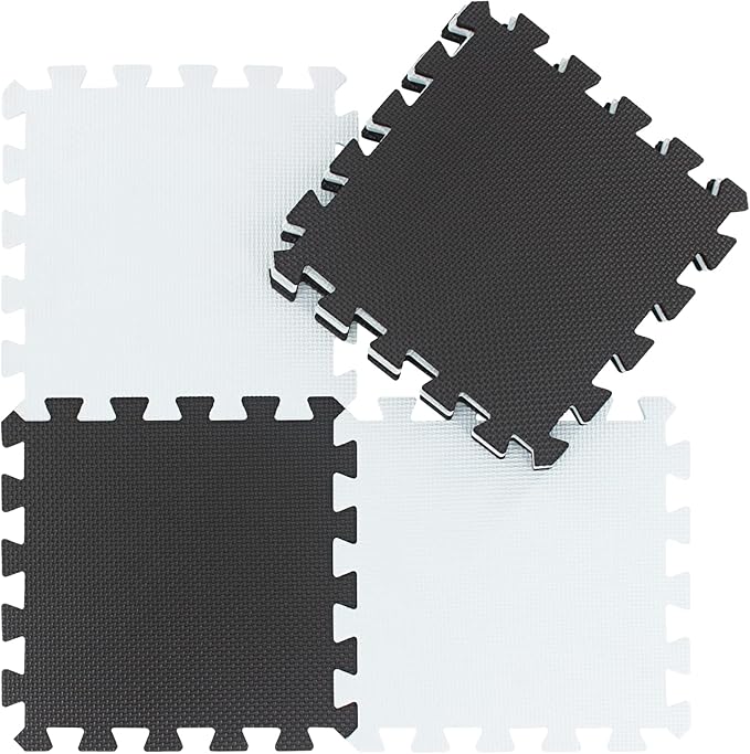 qqpp EVA Rubber 18 Tiles Interlocking Puzzle Foam Floor Mats - Baby Play Mat for Playing | Exercise Mat for Home Workout. White, Black. QC-ADb18N
