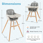 HONEY JOY High Chair, 3-in-1 Eat & Grow Wooden Highchair/Toddler Chair with Removable Tray, 5-Point Harness, PU Cushion and Footrest for Baby, High Chair for Babies and Toddlers(Gray)
