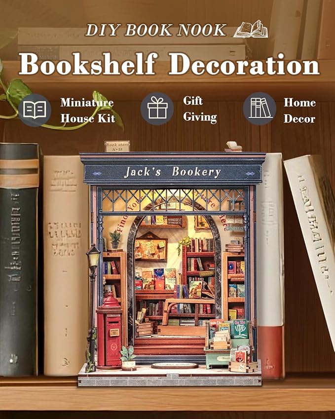 CUTEBEE Book Nook Kit - DIY Miniature House Dollhouse Kit for Adults and Teens, Booknook Tiny House Bookstore Library Bookshelf Decor 3D Wooden Puzzle, Gifts for Family, Friends (Jack’s Bookery)