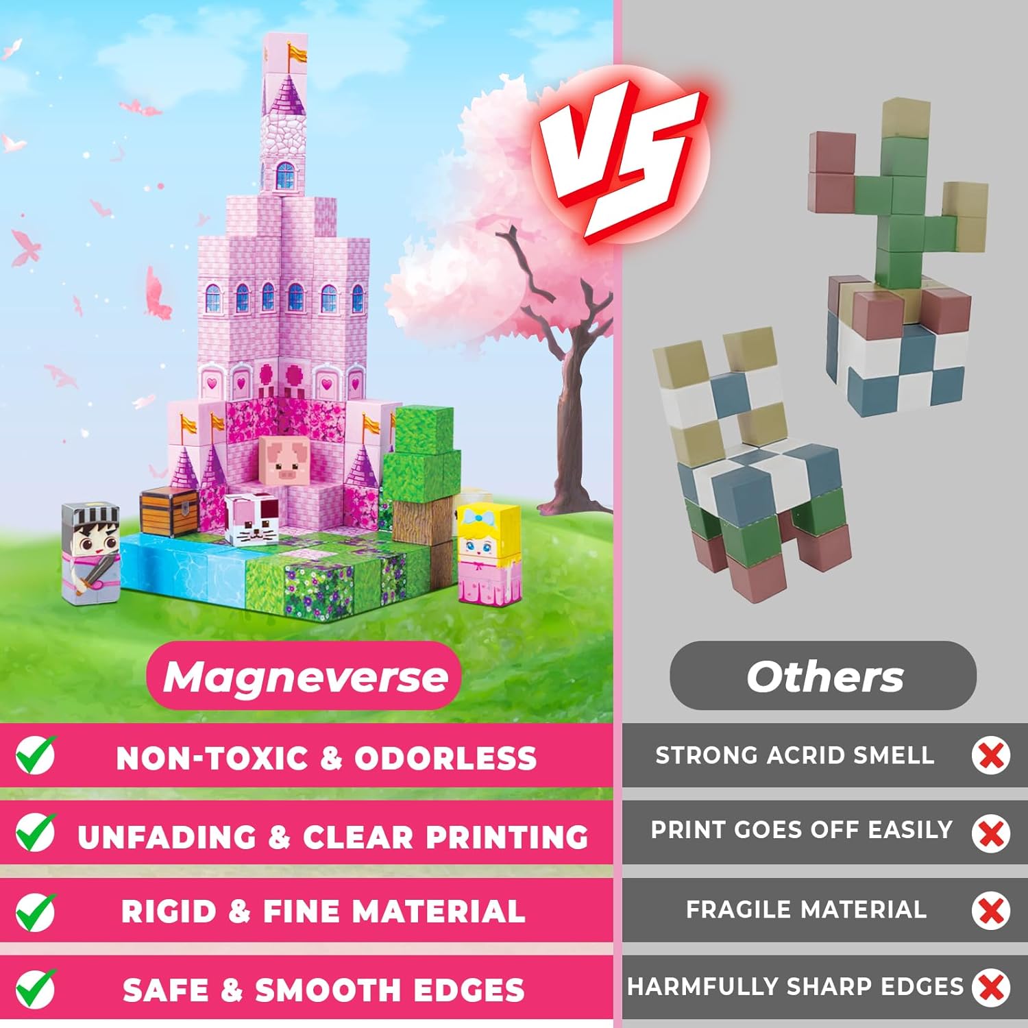 Magnetic Blocks - 100PCS Magnetic Building Block for Kids, Pink Princess Castle Magnet Cubes Sets, Princess Toys for Girls Ages 3 4 5 6 7 8-12 Holiday Birthday Gifts