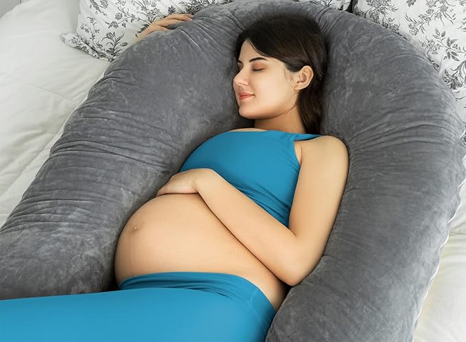 QUEEN ROSE Pregnancy Pillows for Sleeping, U Shaped Body Pillow for Pregnancy, 65 inch Maternity Pillow for Tall Pregnant Women with Gray Velvet Cover