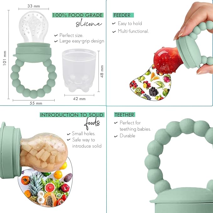 O'doe 17-Piece BPA-Free Silicone Baby Feeding Set | Thick & Soft Suction Plates, Baby Bowls, Wooden Fork & Spoon, and More | Make Mealtime Fun and Easy for Your Little One (Beige and Green, V3)