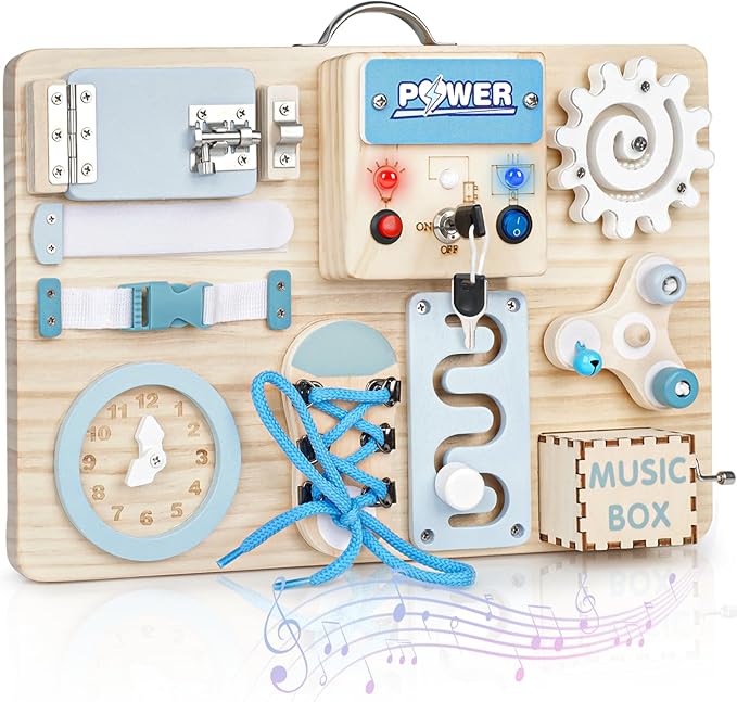 Joyreal Montessori Busy Board with LED Lights, Autism Sensory Travel Toys, Fidget Board Ideal Gift for Boys Girls Wooden Toddler Toys