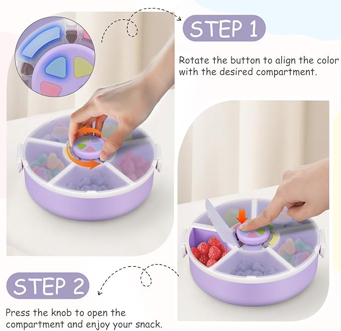 Kids Reusable Rotating Snack Container with 5 Separate Compartments, Color Matching Opening Lid, BPA/PVC-Free, Dishwasher Safe, Perfect for Travel, School Lunches & On-the-Go Snacking-Purple
