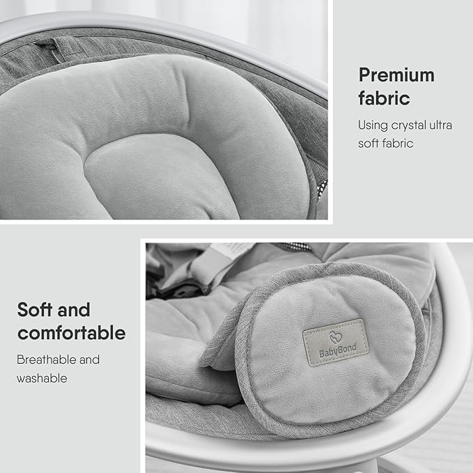 BabyBond Baby Swings for Infants, Bluetooth Infant Swing with Music Speaker, 3 Seat Positions, 5 Point Harness Belt, 5 Speeds and Remote Control - Portable Baby Swing for Indoor and Outdoor (Silver)