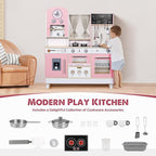 Kids Kitchen playset, Wooden Play Kitchen, Height Adjustable, Comes with Various Kitchen Accessories, Ideal Role Play Toy Gift for Toddlers and Kids Ages 3-8 (Pink)