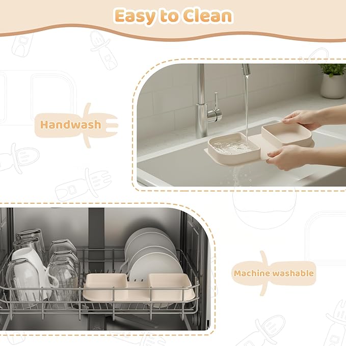 Traval Silicone Foldable Feeding Set, On-the-Go Baby Feeding Supplies Including Toddler Plates, Silicone Baby Spoon&Fork, Adjustable Foldable Bib, Portable Infant Toddler Utensils, Beige