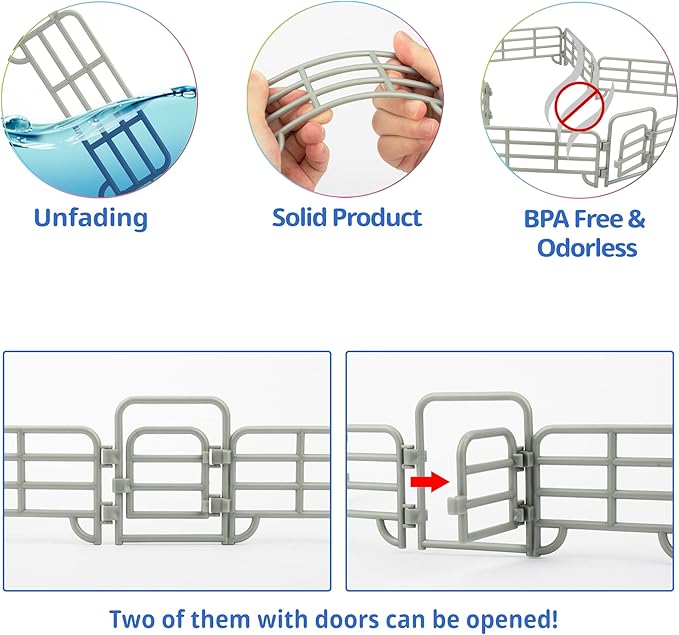 TOYMANY 20PCS Corral Fencing Panel Accessories Playset Includes 2 Gates Fences, Plastic Fence Toys for Barn Paddock Horse Stable or Farm Animals Horses Figurines, Educational Gift for Kids Toddler