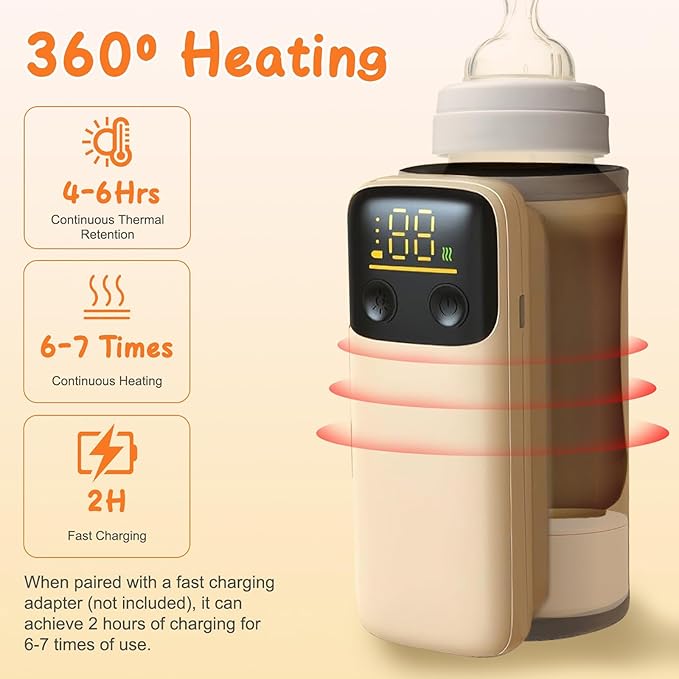Portable Bottle Warmer for Travel, Rechargeable Bottle Warmer On The Go, Fast Charging & 6 Heating Settings, Leak-Proof, Night Light, Milk Warmer for Breastmilk and Formula