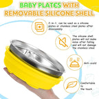 Nuogo 2 Pcs Stainless Steel Baby Suction Plates with Removable Silicone Shell 2-in-1 Metal Toddler Bowl Divided for Picky Eaters Kids Feeding Led Weaning Supplies, Dishwasher Safe (Yellow,Orange)