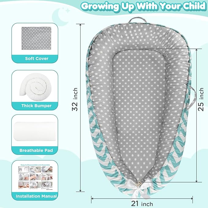 Baby Lounger - Baby Lounger for Newborn 0-24 Months, Breathable and Soft Cotton Cover Baby Nest, Portable Cozy Tummy Time Lounger for Home and Travel, Ideal Baby Essentials & Shower Gifts