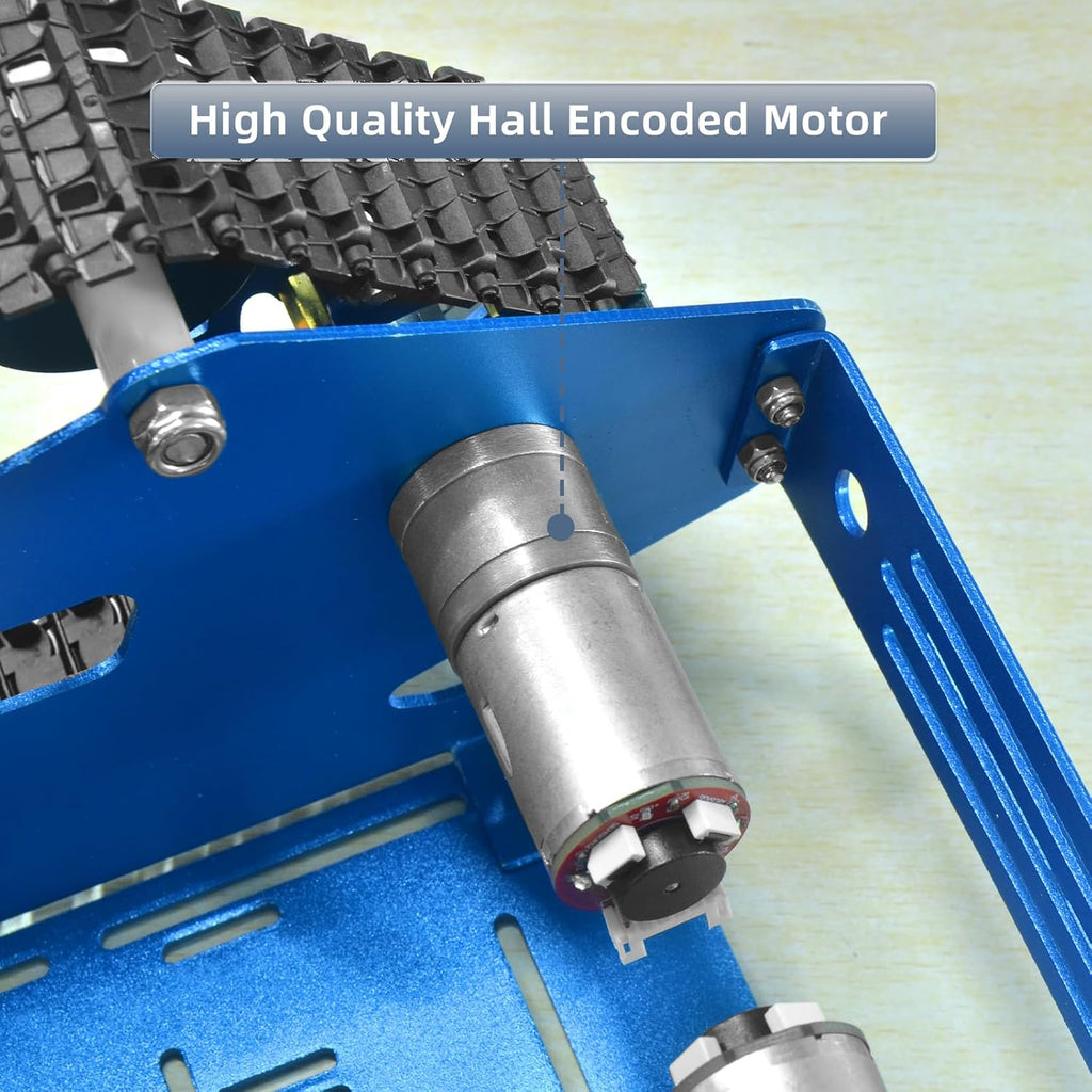 Tank Car Chassis with Motor, Shock Absorbing Robot Chassis Full-Metal Robotic Moving Platform Track Chassis for RaspberryPi Arduino DIY Maker Smart Robot Car Chassis Kit (Blue, With Encoder motor)