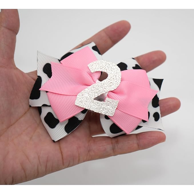 Birthday Hair Bow for Baby Girls 1 2 3 4 5 6 Years Sprinkle Decorations Party Pink Hair Accessories for Two 2nd Birthday Cow Print Cowgirl