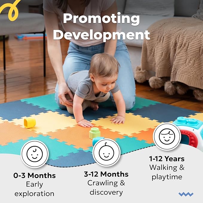 MioTetto Foam Floor Tiles for Kids - Non-Toxic Comfortable Baby Play Mat and Interlocking Foam Tiles, Fits with 50x50 Playpen Mat for Crawling & Development, Soft Play Mat for Babies 6-12 Months