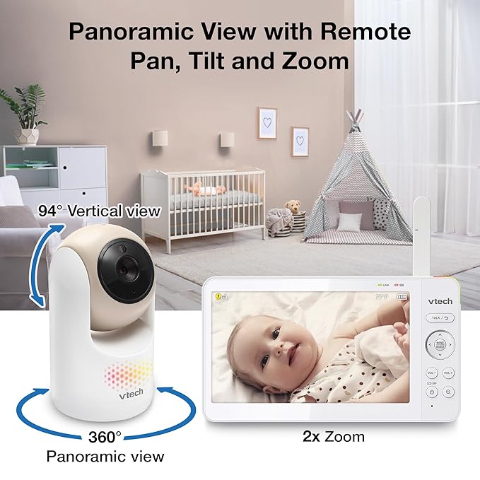 VTech Video Baby Monitor with 7" Color LCD Screen, Rechargeable Battery, Video Streaming, Audio Streaming, Pan-Tilt-Zoom, Touch Multi-Color Night Light, Two-Way Talk, Long Range: Advanced Max Tan