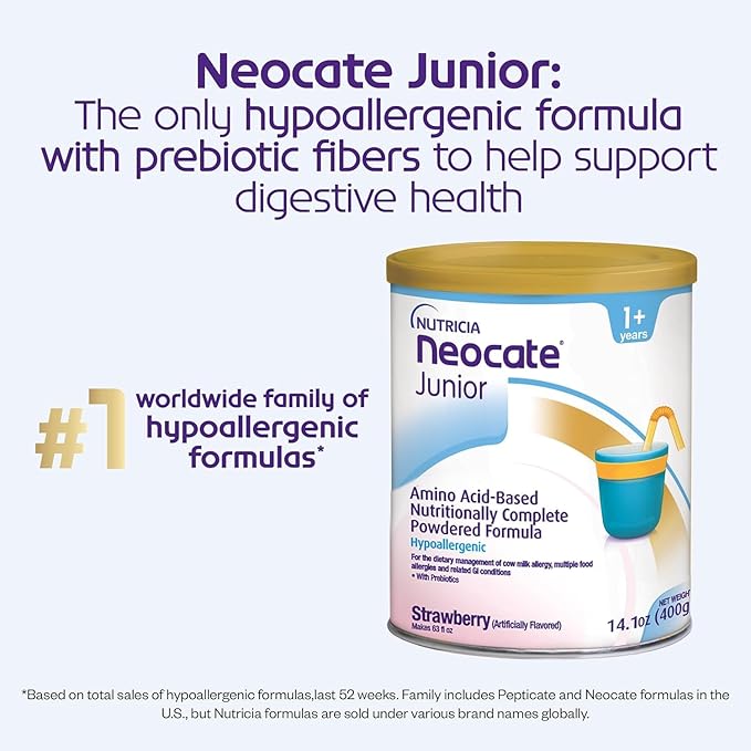 Nutricia Neocate Junior - Hypoallergenic, Dairy-free, Amino Acid-Based Formula for 1+ Years - For Toddlers, Kids & Teens - Powdered Formula - Strawberry - 14.1 oz can (Case of 4)