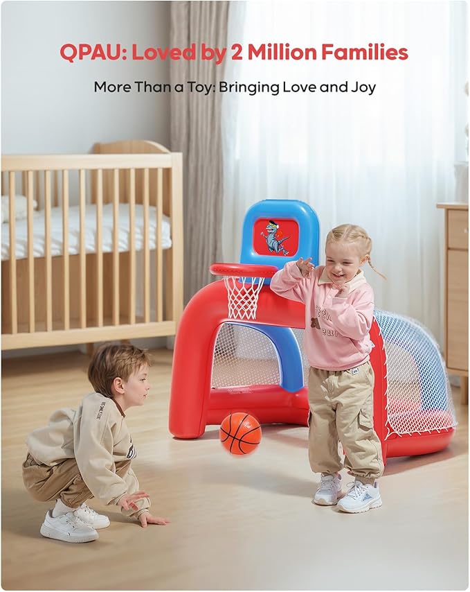 QPAU 2-in-1 Inflatable Toddler Basketball Hoop & Soccer Goal Set, Indoor Outdoor Sports Center Toys for Kids, Baby Toddlers Birthday Gift for 1 2 3 4 5 Year Old Boys Girls