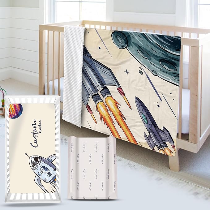 Personalized Baby Crib Bedding Set – Rocket Launch Theme Nursery Bedding Sets 3 Piece with Custom Name Blanket, Fitted Crib Sheet & Changing Pad Cover – Ideal Newborn Gift for Boys