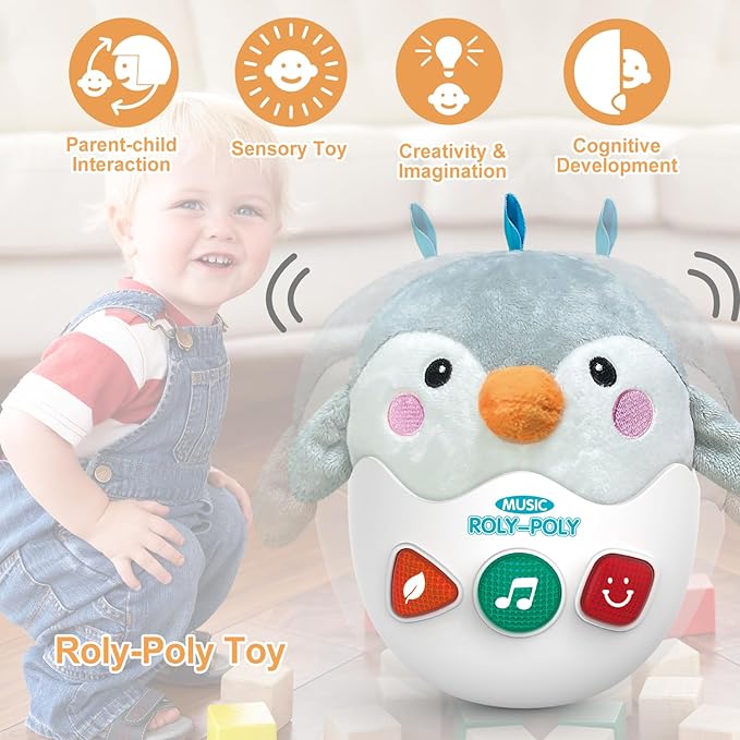 Infant Toys 0-3-6-12 Months Shower Gifts, Plush Cute Stuffed Animal Penguin Musical Baby Tummy Toys with Light & Sounds, Roly-Poly Easter Birthday Gift for Newborn Boys & Girls