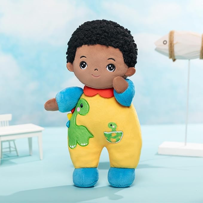 OUOZZZ 10" Soft Black Boy Baby Doll for 1 Year Old - Dinosaur Toys for 1 Year Old Birthday Christmas Plush Gift for Toddler Adorable First Buddy Doll