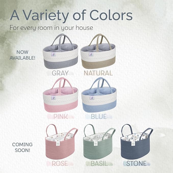 KiddyCare Woven Diaper Caddy Organizer, Large Gray Multi Functional Portable Baby Basket with Handle, Baby Gift for Boy/Girl Nursery Storage, Organization, and Modern Car Diaper Caddy Pink X-Large