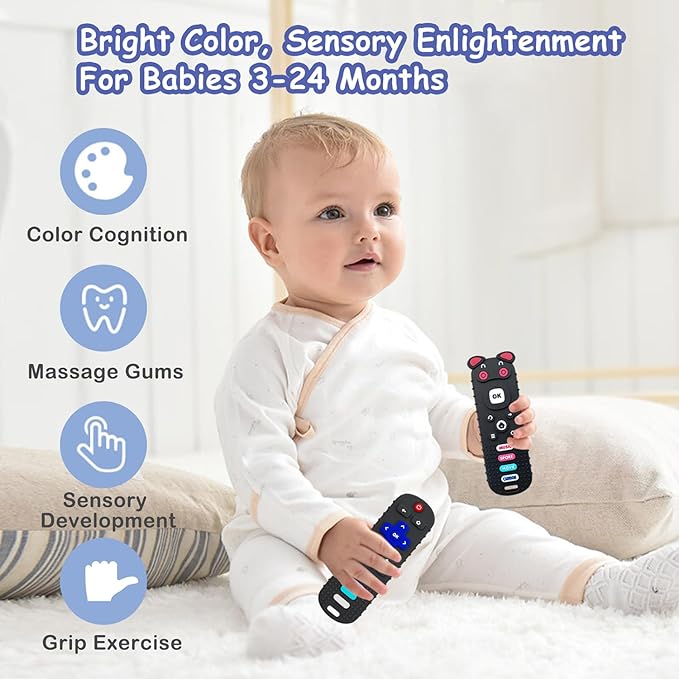 Silicone Baby Teething Toys, TV Remote Teethers for 6-12-18 Months Infant, TV Remote Control Shape Toddlers Silicone Teethers, Chew Toys for Boys and Girls (Black)