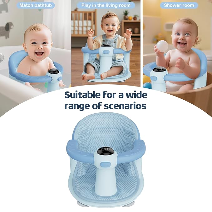 Baby Bath Seat-for Babies 6 Months & up, Water Temperature Display+Soft Cushion, Non-Slip Toddler Bath Seat for Baby, Sit Up Bath Seat for Baby, Blue