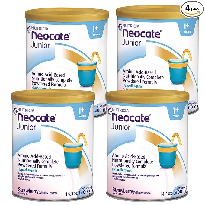 Nutricia Neocate Junior - Hypoallergenic, Dairy-free, Amino Acid-Based Formula for 1+ Years - For Toddlers, Kids & Teens - Powdered Formula - Strawberry - 14.1 oz can (Case of 4)