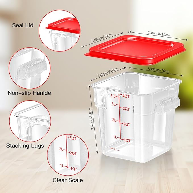 4 pcs 4qt Food Storage Containers with Lid, Square Clear Commercial Food Storage Containers with Handle and Scale for Food Storage in Home Kitchen & Dining (Red)