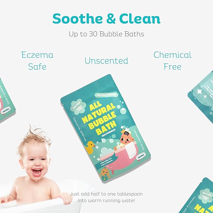 All Natural Bubble Bath for Kids & Baby, Hypoallergenic Bubble Bath Kids with Sensitive Skin, Gentle Eczema Safe Baby Essentials, Unscented Powder Mix with Colloidal Oats, Up to 30 Baths