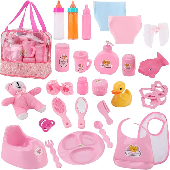 28 PCS Baby Doll Accessories Complete Car Set - Doll Feeding Pretend Playset for Kids, Girls with Magic Milk Bottles in a Storage Bag