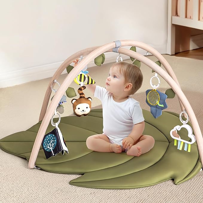 Infant Activity Center for Newborn to Develop Motor Cognition Leaves Leaf-Shaped Baby Play Gym & Activity Mat Extra Large Tummy Time Mat with 8 Detachable Toys