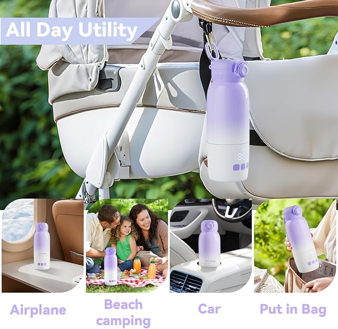 Portable Bottle Warmer for Travel - Large 12oz Capacity with Dual Heating Modes for Breast Milk & Water, Fast Heating Smart Temperature Control, Portable Milk Warmer Gifts for New Mom Purple