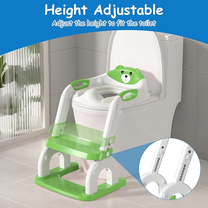 Potty Training Seat with Step Stool for Toddlers - Upgrade 2-in-1 Toilet Seat Toilet Ladder for Kids Children Boys Girls, Anti-Slip Pad & Adjustable Height with Waterproof - Green