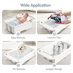 Collapsible Baby Bathtub with Stand - Large Baby Bath Tub with Thermometer & Cushion | Portable Travel Newborn Infant Bathtub | Foldable Toddler Bathtub for Baby 0 to 36 Months (White)