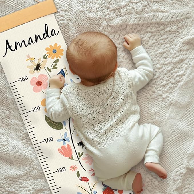 Personalized Name Growth Chart Wall Decor for Kids – Canvas Removable Height Chart Measuring Ruler 59" x 7.9" (Flowers)