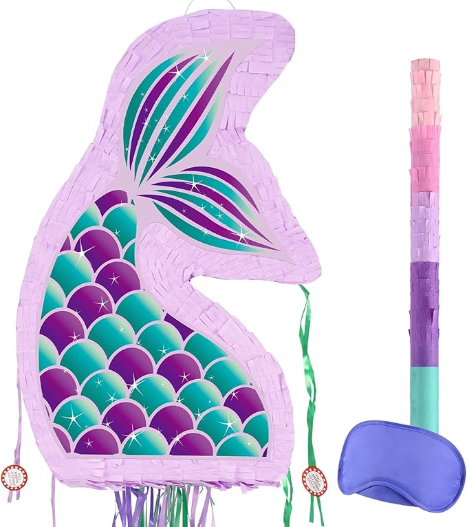 WERNNSAI Foldable Mermaid Piñata - Pull String Mermaid Birthday Party Supplies Mermaid with Blindfold Bat and Tassels Mermaid Party Decoration Games Folding Purple Mermaid Piñatas for Classroom Game
