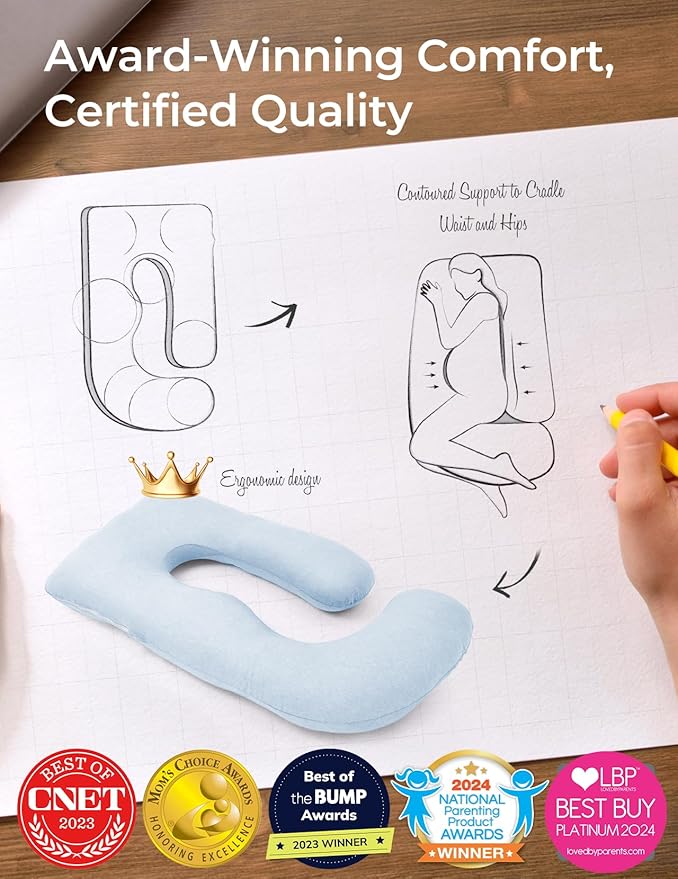 Momcozy Pregnancy Pillows for Sleeping, U Shaped Full Body Pillow 57 Inch for Pregnant Women with Back, Hip, Leg, Belly Support, Washable Jersey Cotton Cover Included, Light Blue