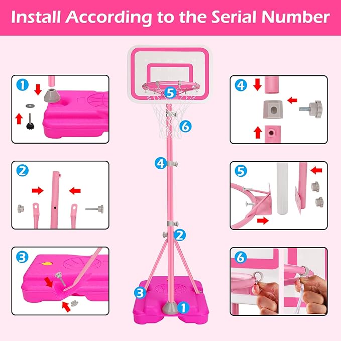Tsomtto Toddler Basketball Hoop for Girls Pink Goals Adjustable Height 2.9ft-6.2ft Portable Kids Indoor Outdoor Play Outside Backyard Toys 3 4 5 6 Year Old Girl Birthday Gift