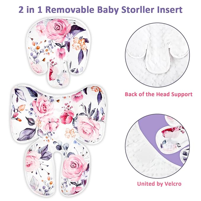 Pea Pod Baby Car Seat Head Support for Newborn, 2 in 1 Infant Car Seat Head Body Support for Girls Extra Soft Breathable Baby Car Seat Cushion Insert for Strollers, Swings, and Bouncers, Pink Floral