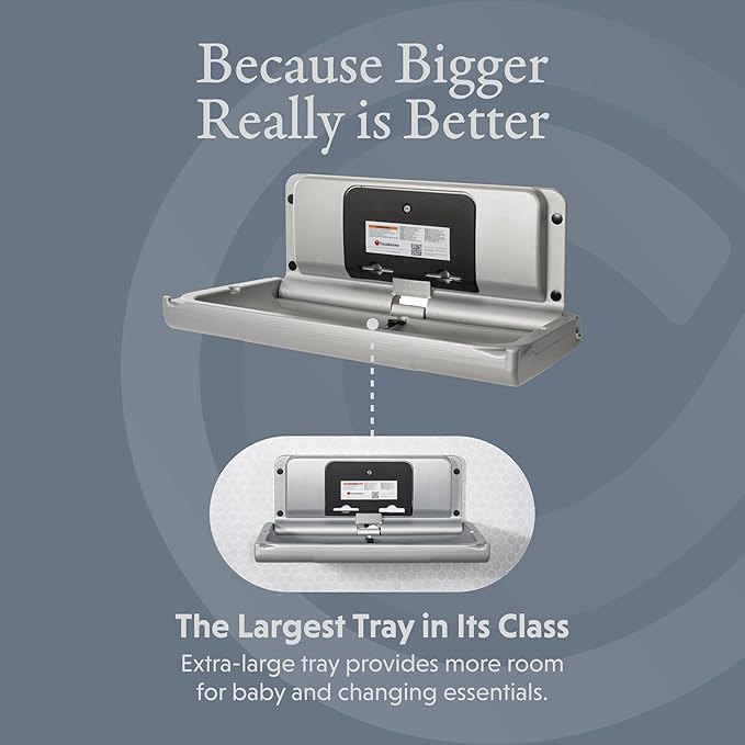 Foundations Ultra Horizontal Wall Mounted Baby Diaper Changing Station, Oversized Changing Surface, Plastic with Stainless Steel Hinge, Safety Strap - Metallic (200-EH-04)