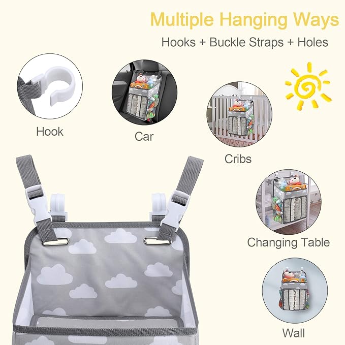 Accmor Hanging Baby Diaper Caddy Organizer, Diaper Stacker, Baby Crib Hanging Classified Storage Bag Organizer for Changing Table, Crib, Playard or Wall & Nursery Organization, Grey Cloud