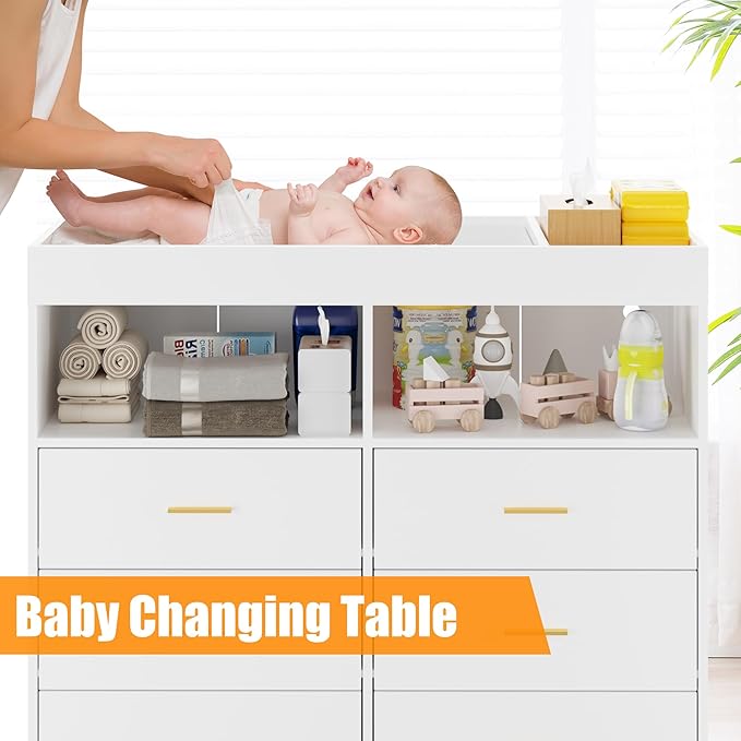 Changing Table Dresser with Drawers, Baby Dresser with Changing Table Top, Power Outlet, LED Light & Metal Feet, Diaper Changing Station Nursery Organizer for Infants Newborn, White
