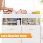 Changing Table Dresser with Drawers, Baby Dresser with Changing Table Top, Power Outlet, LED Light & Metal Feet, Diaper Changing Station Nursery Organizer for Infants Newborn, White