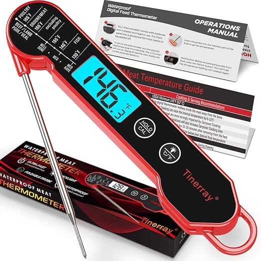 Digital Meat Thermometer for Cooking – Waterproof Instant Read Food Thermometer with Backlight & Calibration, Fast Read, Folding Probe for BBQ, Grill, Candy, Deep Fry, Kitchen, Liquids, Beef（Red）