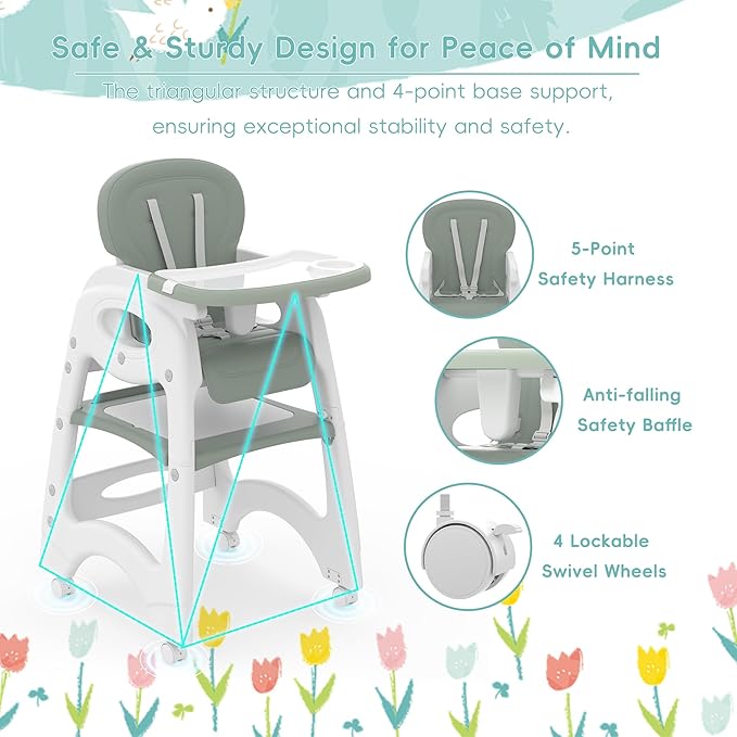 Xilingol 8 in 1 Convertible Baby High Chair W/Wheels, Baby Feeding Chair W/Adjustable Backrest & Removable Dual Tray, Building Block Table & Chair Set, HighChair for Babies & Toddlers (Green)