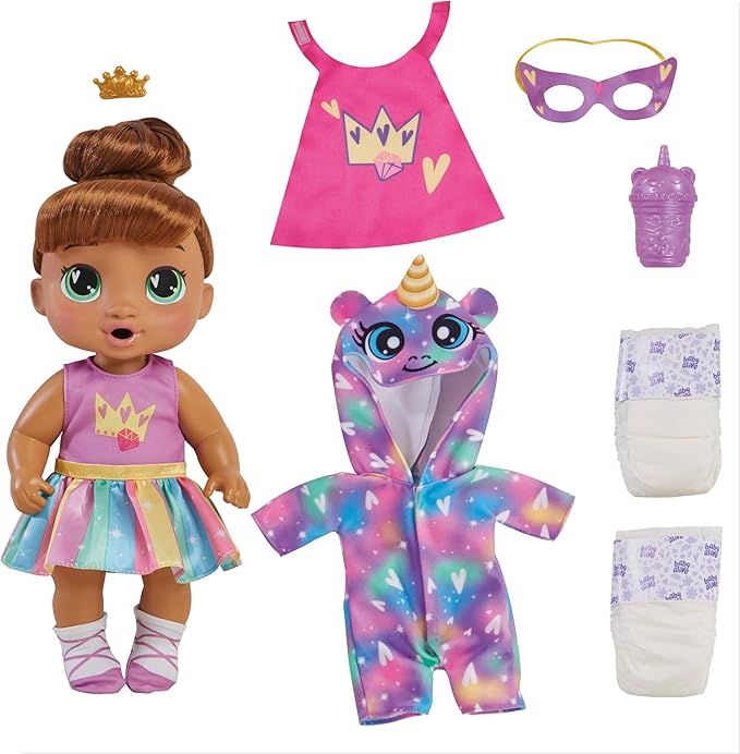 Baby Alive Super BFF Sophia Sparkle Brown Hair Dress Up Baby Doll Playset, 11 Inches, Toys for 3 Year Old Girls & Boys & Up (Amazon Exclusive)
