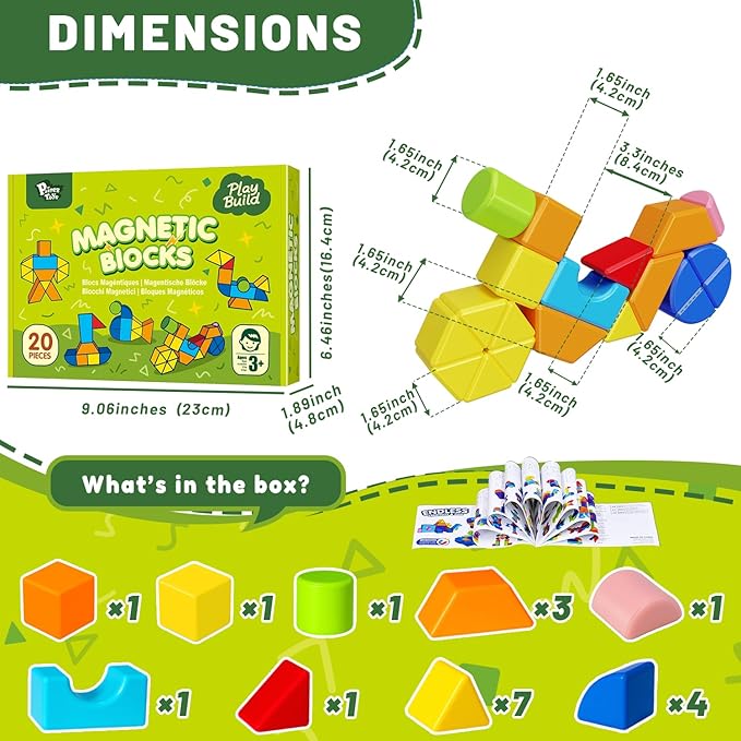 Magnetic Stacking Blocks for Kids, 1.65 Inch Large Magnetic Cubes & 8 Shapes, 20 PCS Magnet Toys, Montessori & Sensory Building Toys for Boys & Girls Ages 3+