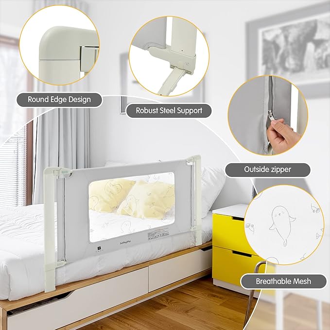 BABY JOY Bed Rails for Toddlers, 59'' Extra Long, Height Adjustable Kids Rail Guard w/Double Safety Lock for Convertible Crib, Folding Baby Bedrail for Twin Double Full Size Queen King Mattress, Gray